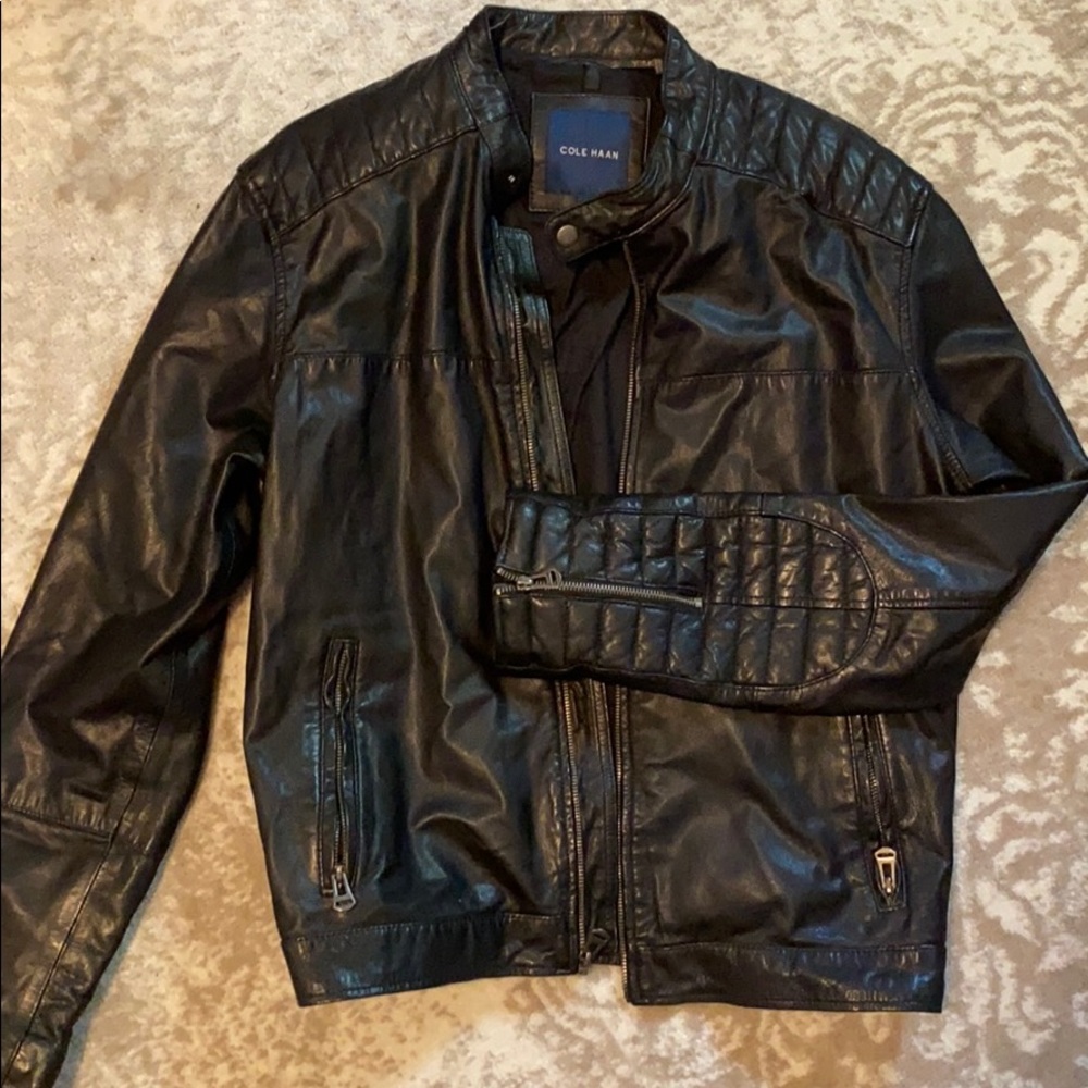 Cole Haan Black Quilted Leather Bomber Jacket